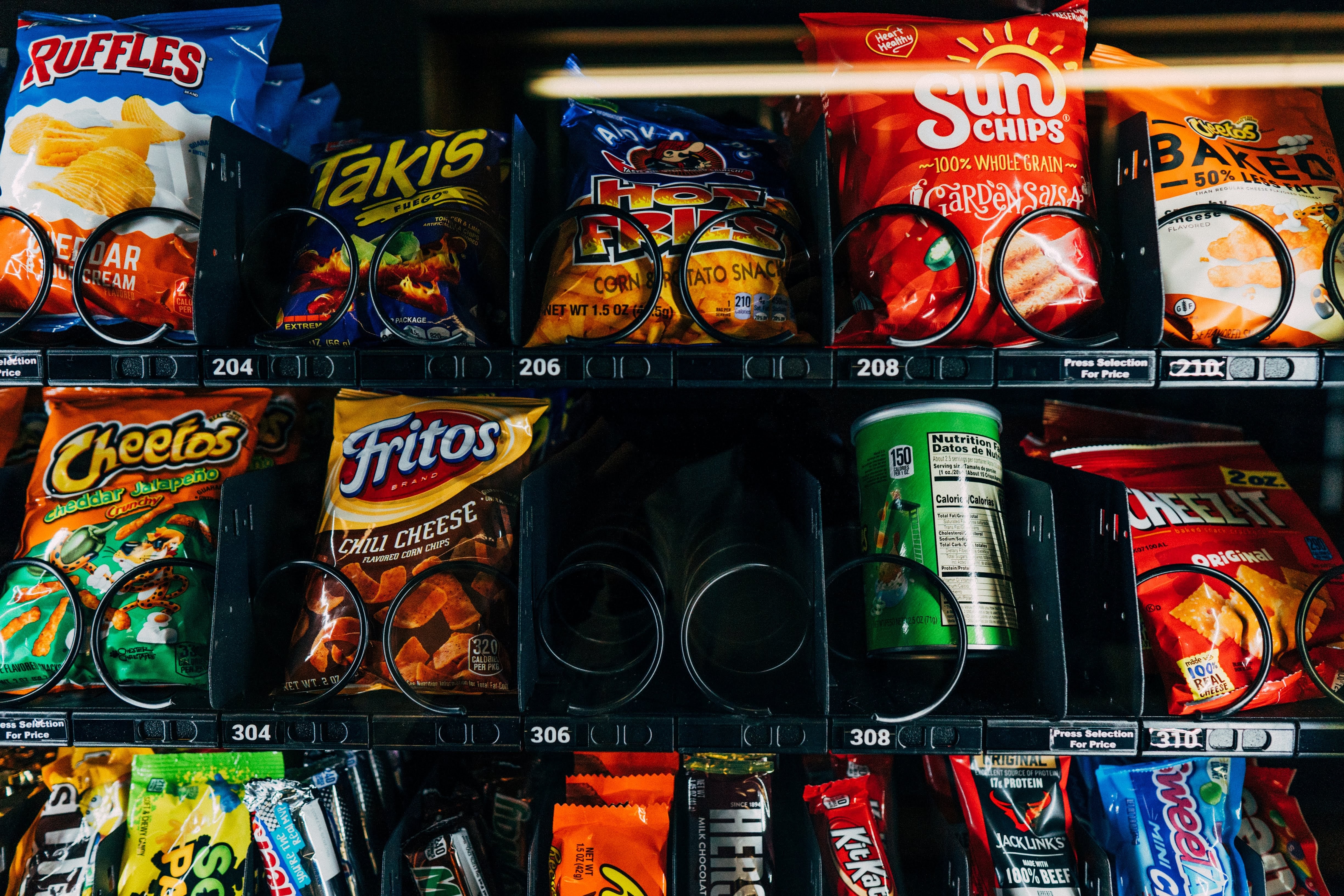 A close of snacks in a vending machine